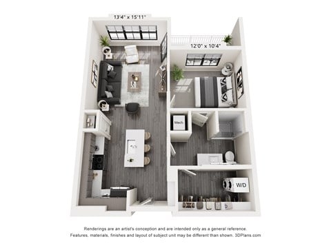 Floor plan for 1 bed, 1 bath, 748 sqft